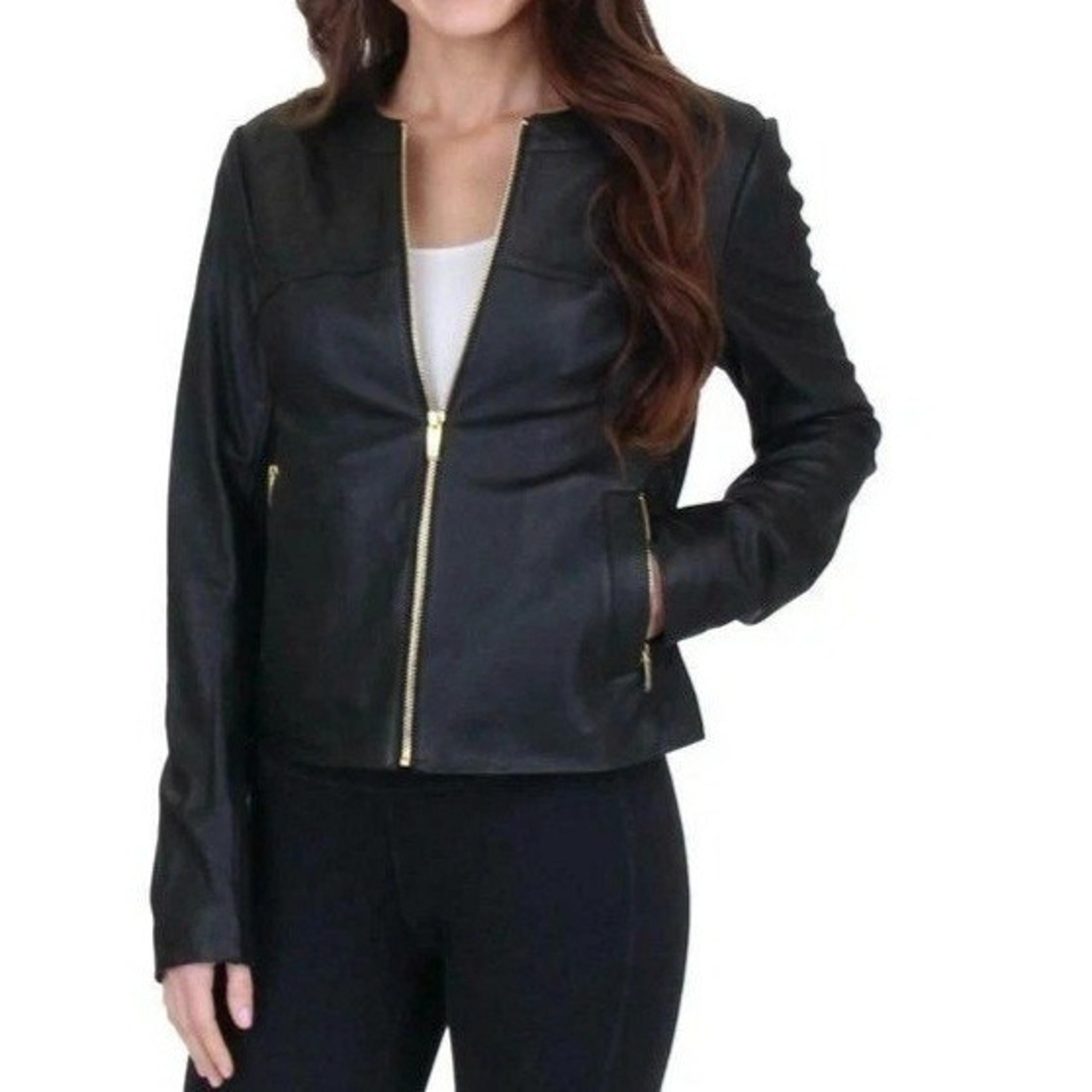 New Via Spiga Black Leather Stretch Fabric Combo Zip Moto Jacket Sz S