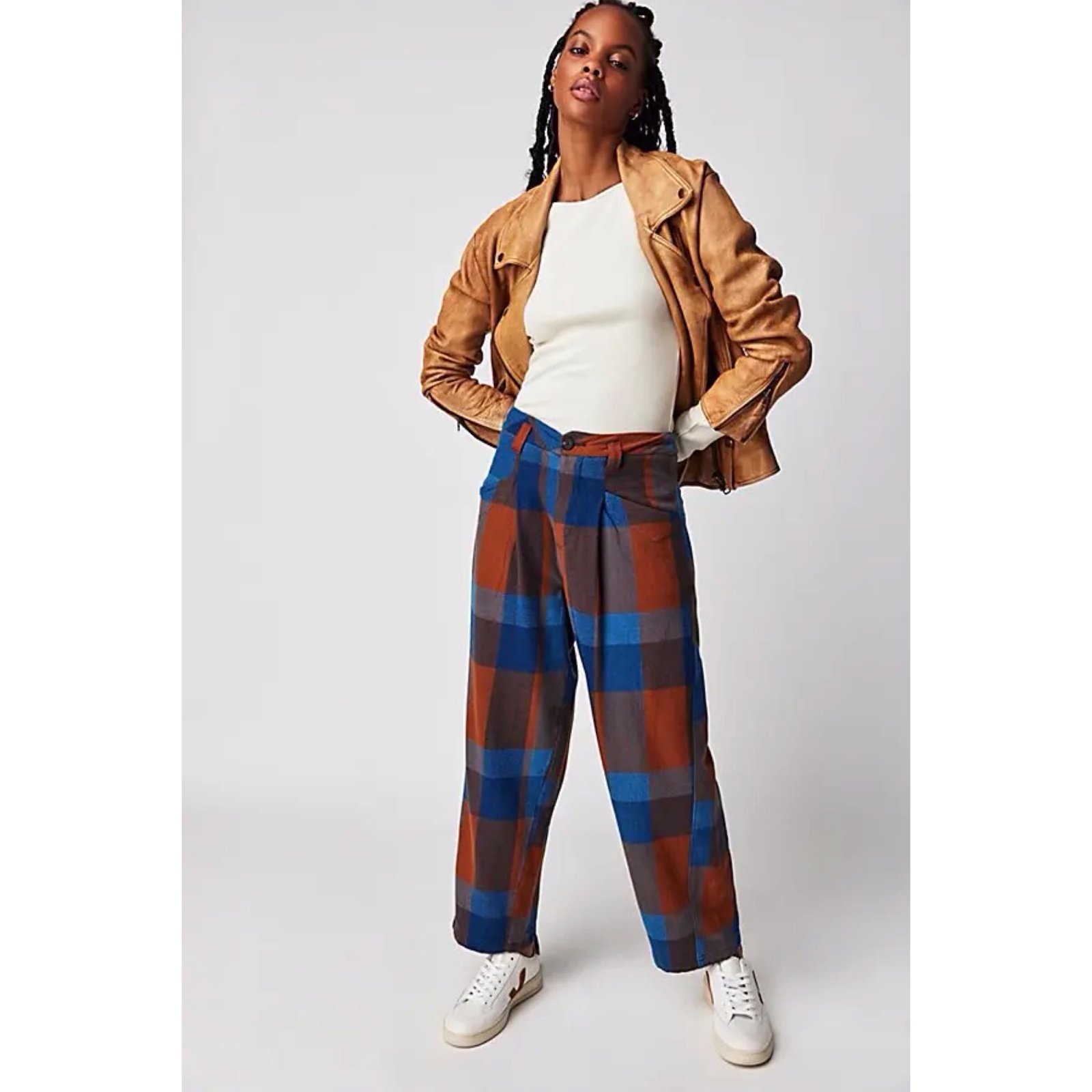 Free People Cass Slouchy Plaid Retro Preppy Academia Tapered Trousers Size 4