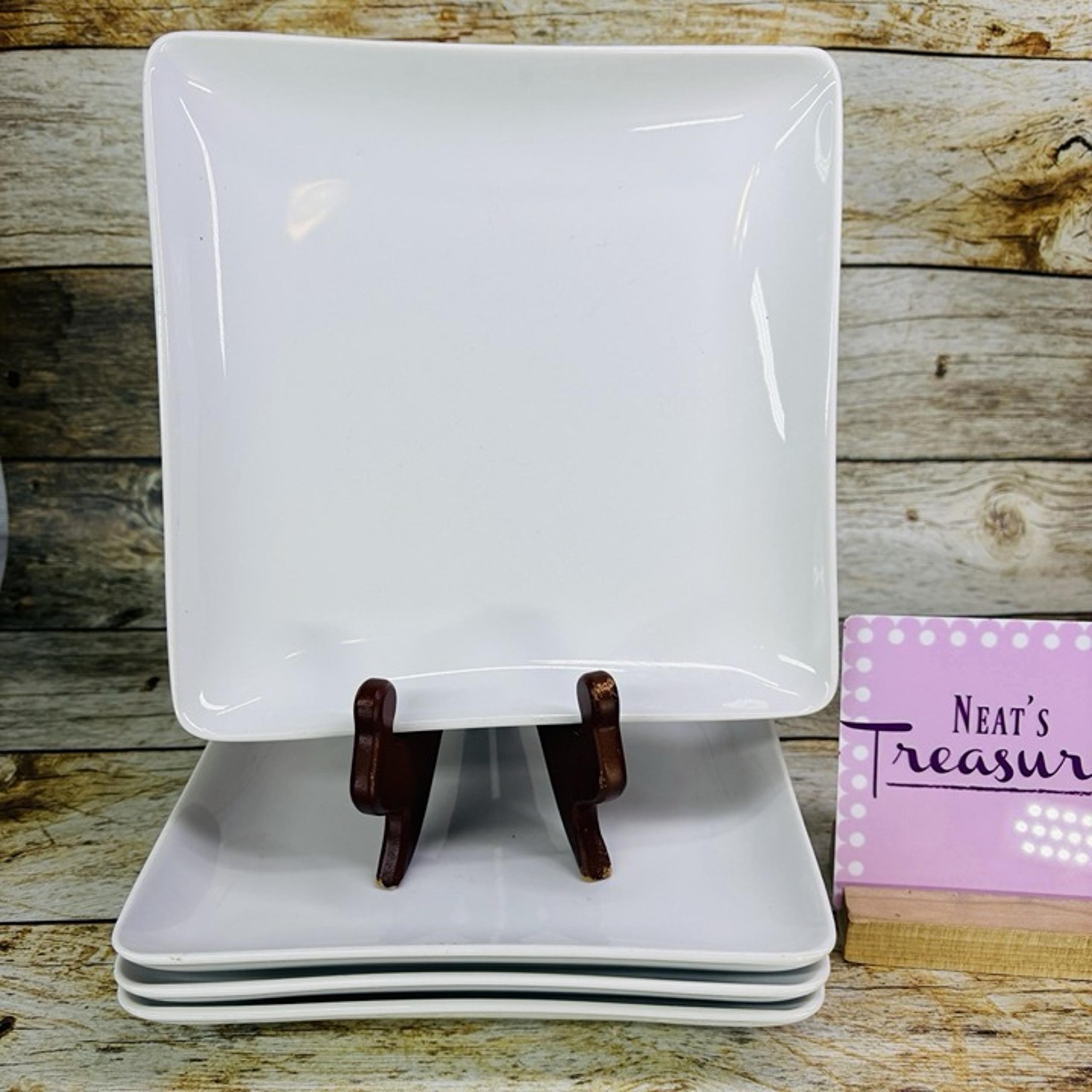Threshold WHITE SOFT SQUARE Rolled Edge Porcelain 8" Salad Lunch Plates Set OF 4