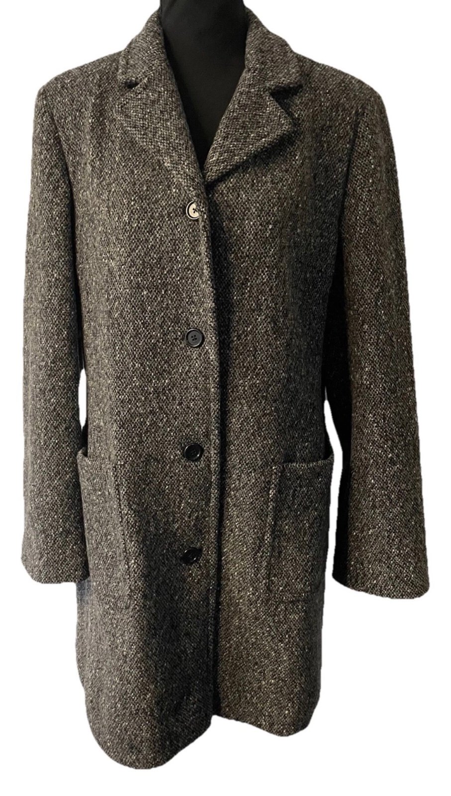 J Crew Women’s Wool Black/Gray Trench Button closure fully lined size Large EUC