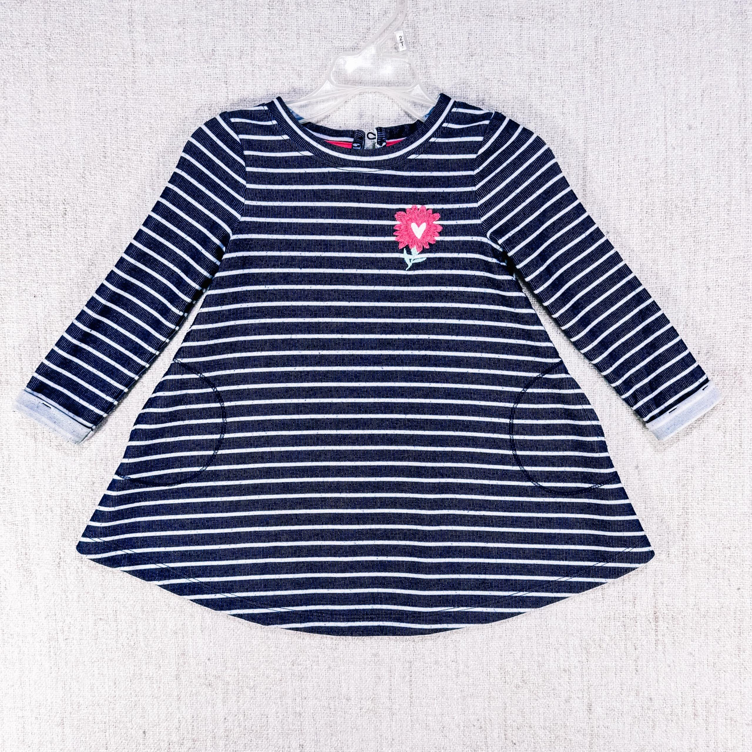 Cat & Jack Striped Fleece Sweater Dress Girl’s Size 2T Navy Blue White Flower