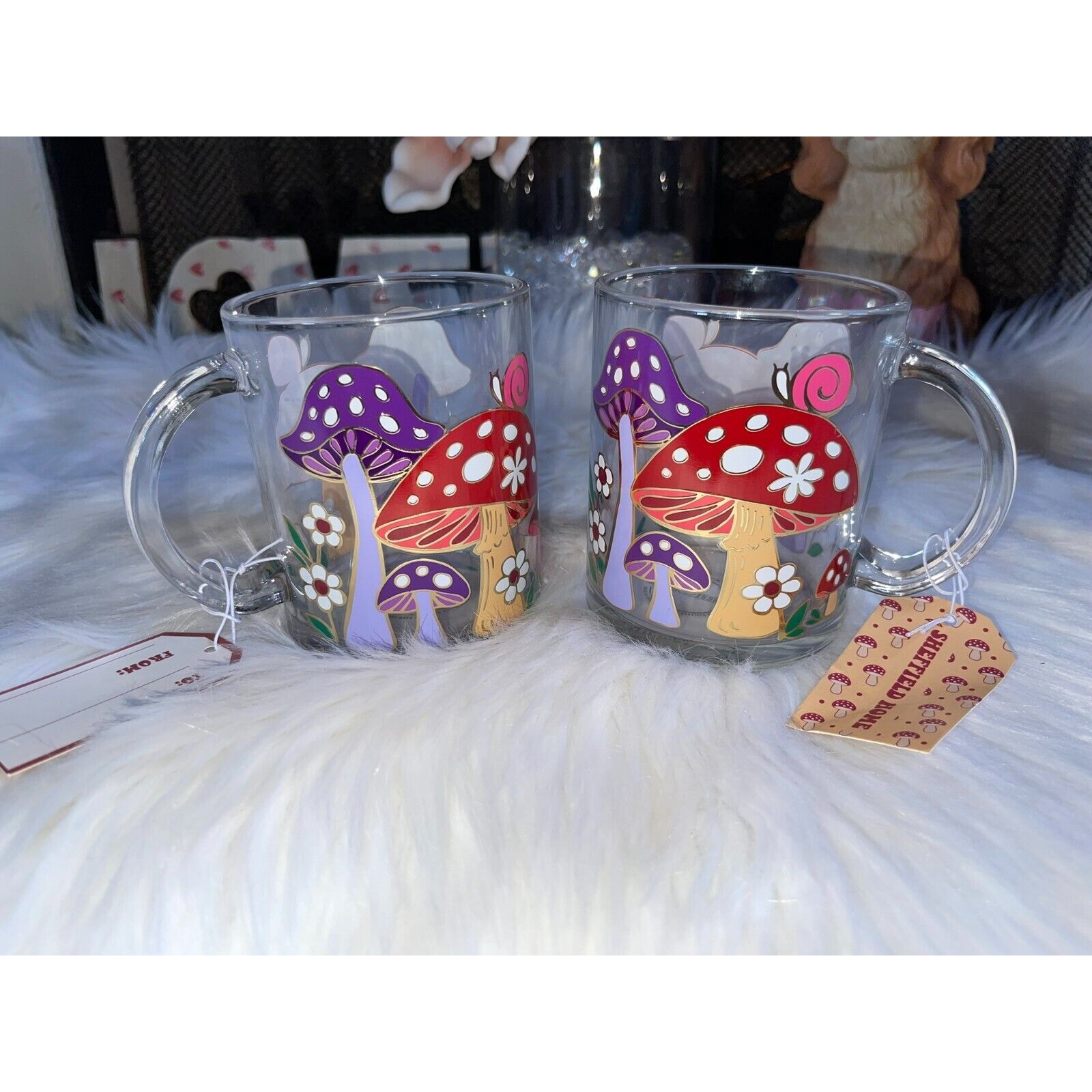 Set of 2 SHEEFIELD HOME Mushroom Clear Glass Coffee Cup Mugs 18 Ounces