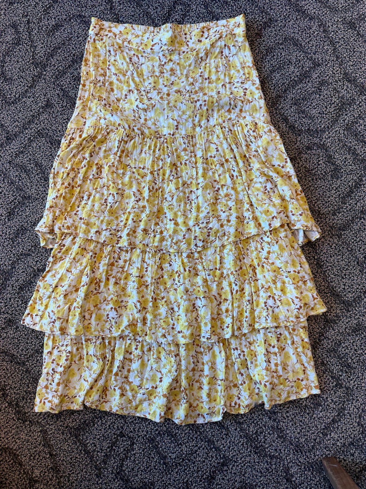 Amour Vert yellow brown floral tiered midi skirt