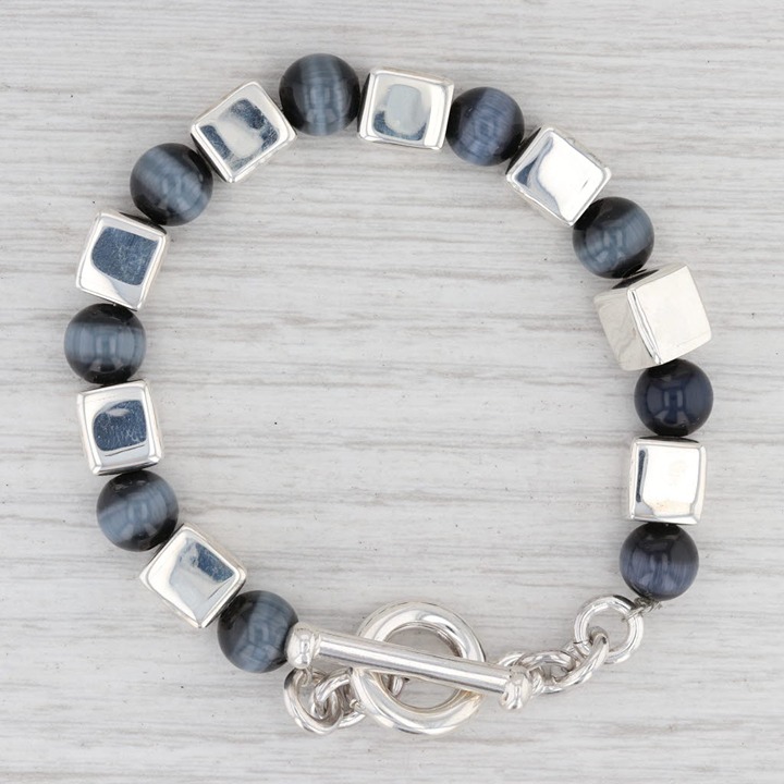New Cat's Eye Blue Glass Bead Statement Bracelet Sterling Silver 7” Toggle Clasp
