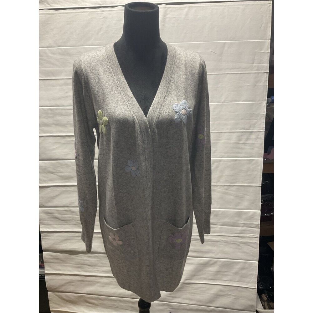 Brodie Fine Cashmere Flower Cardigan / Duster Women's M Gray Open Sweater NWOT