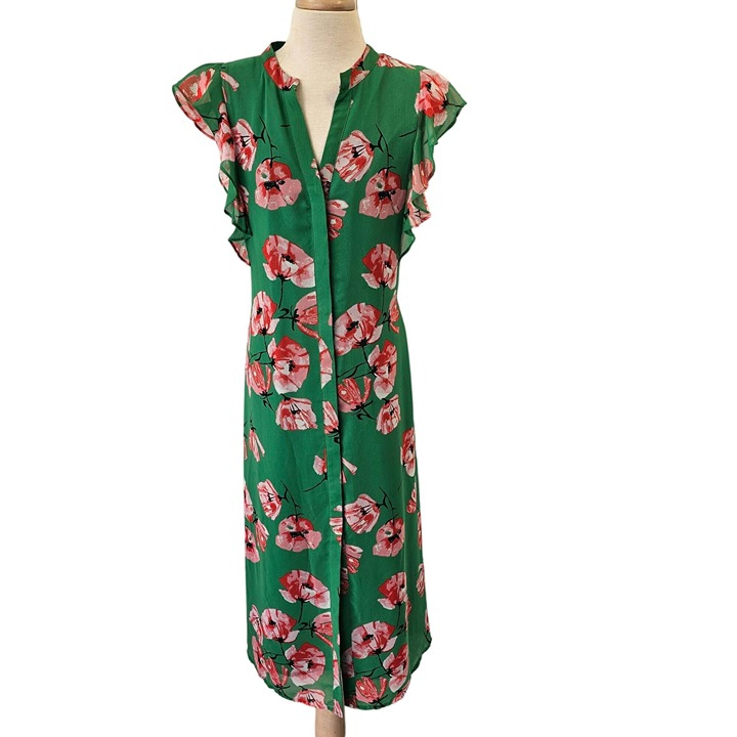 Who What Wear Green Pink Floral Midi Dress Size M Belted Shift Flutter Sleeve