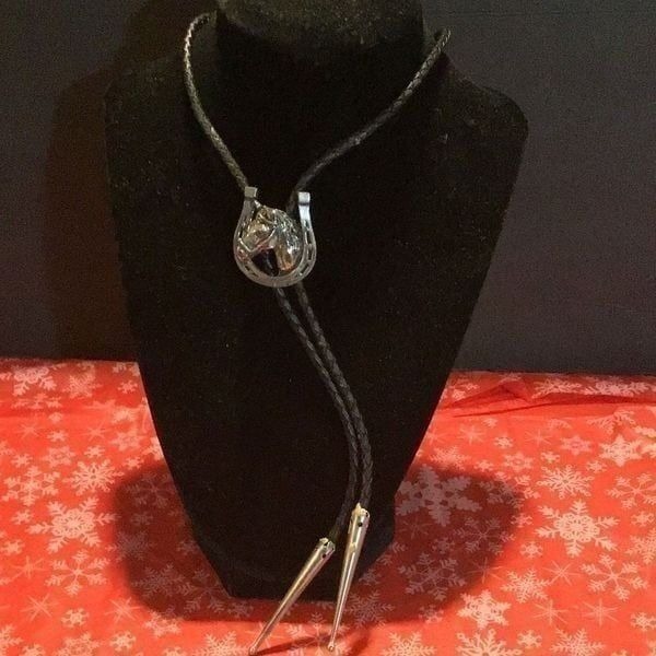 Horse and horse shoe bolo neck tie
