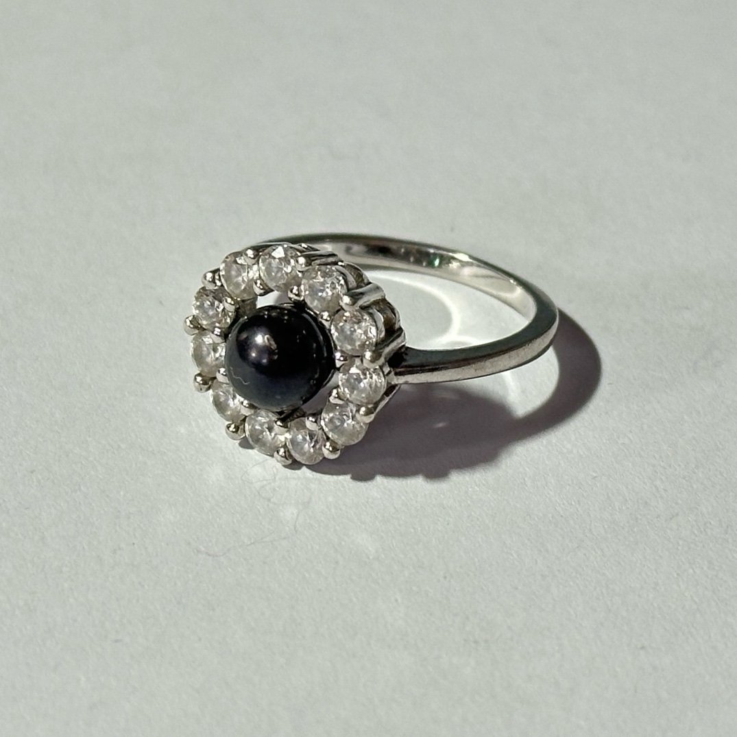 CZ Halo Setting Black Pearl S925 Silver Ring Size 9