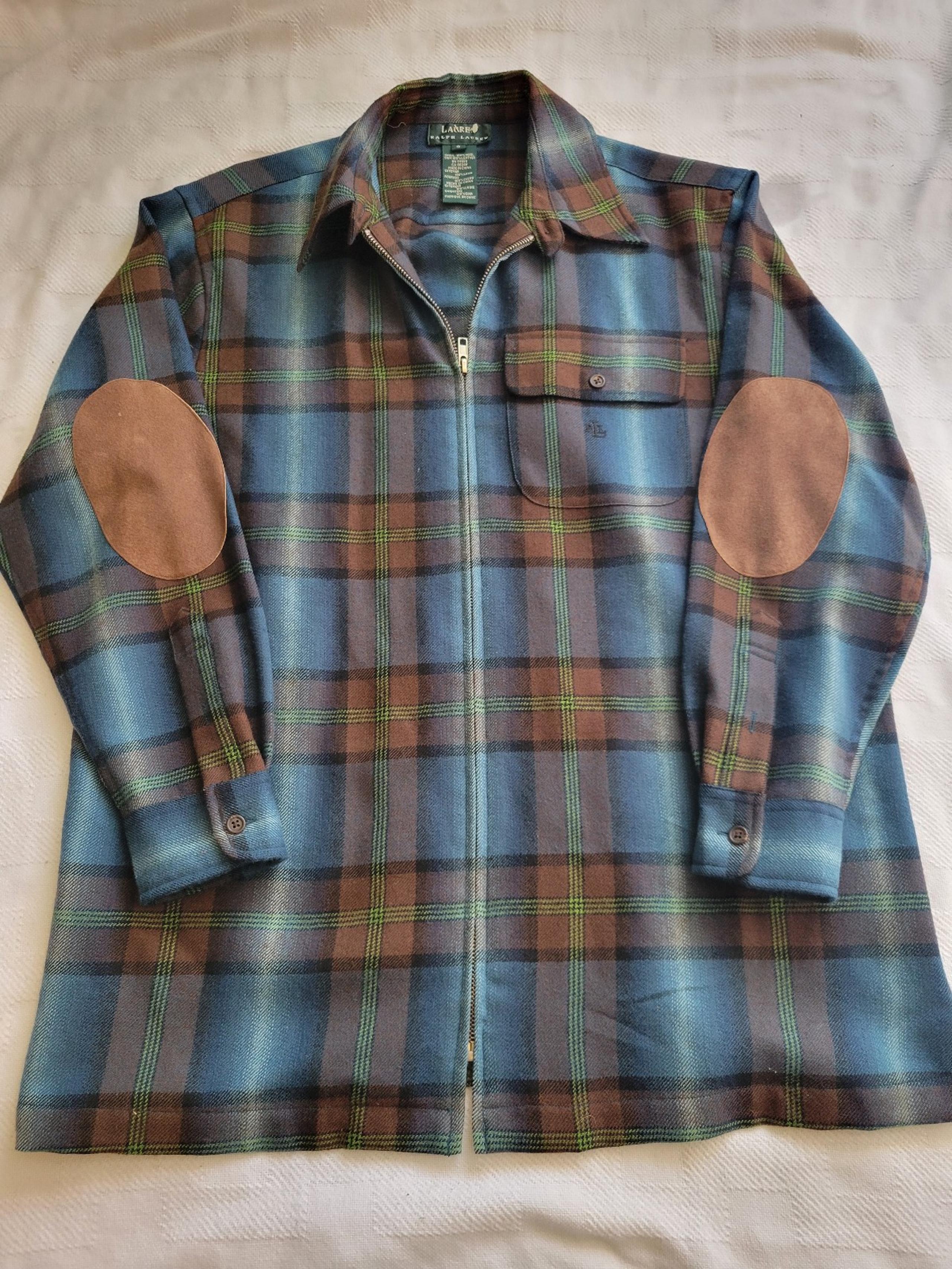 Ralph Lauren Wool Plaid Shirt Leather Elbow Patches Size S Full Zip