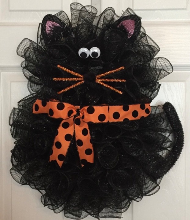 21 x 17 Halloween Decorative Mesh Black Cat Wreath with Bow - Orange Dots