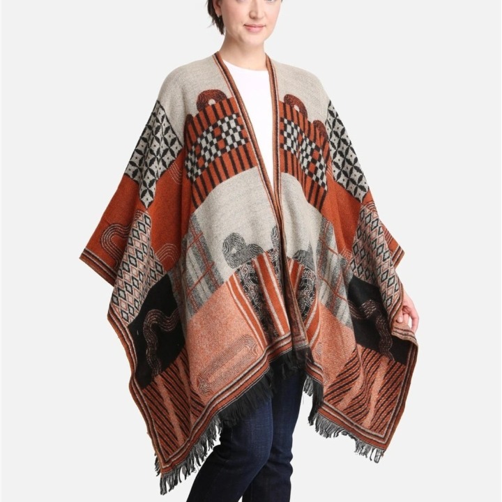 WOMENS ORANGE/BLACK PUMPKIN MIXED PRINT RUANA W/SHORT TRIM - OS