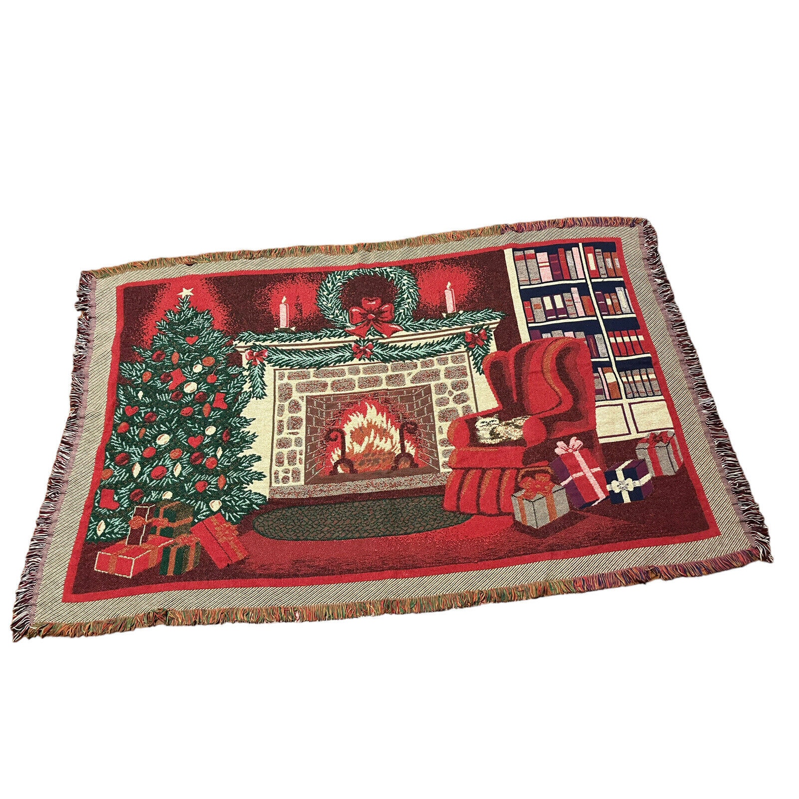 Christmas Tapestry Cotton Throw Tree Wreath Fireplace Cat Library Wreath 74 x45
