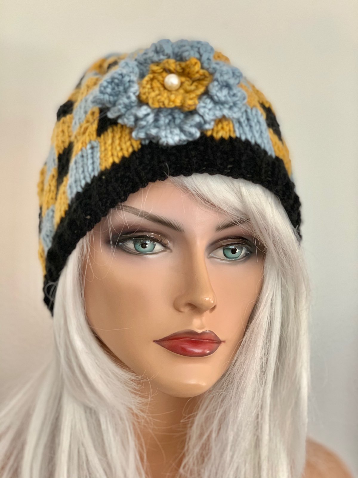 Hand Knits 2 Love Beanie Hat Plaid Flowe