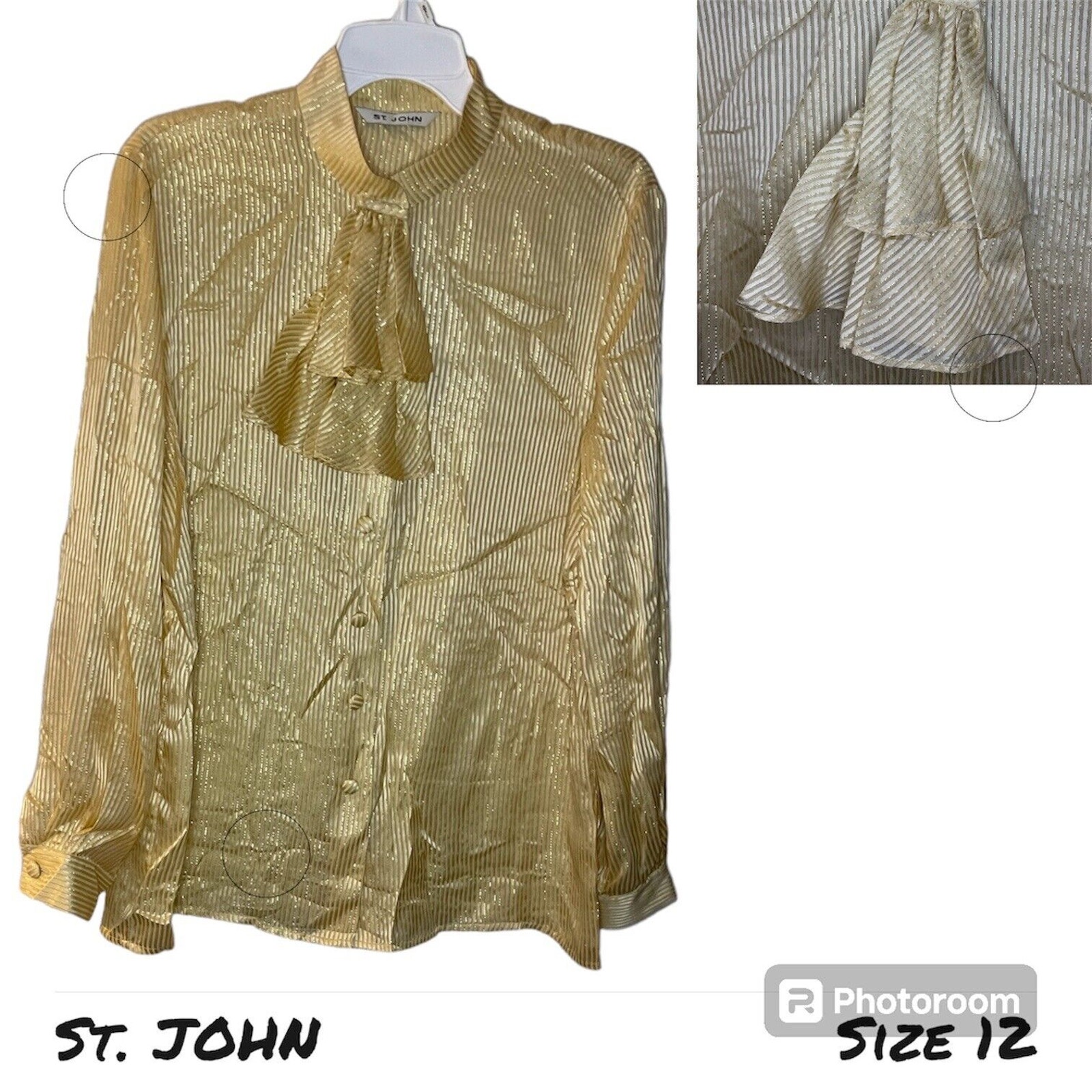 ST. JOHN Vintage Gold Metallic Button Up Ruffle SILK Size 12 Blouse USA Preppy