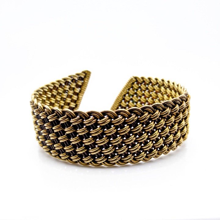 Vintage Sterling Vermeil Woven Cuff Bracelet, Tribal Mesh Basketweave 925