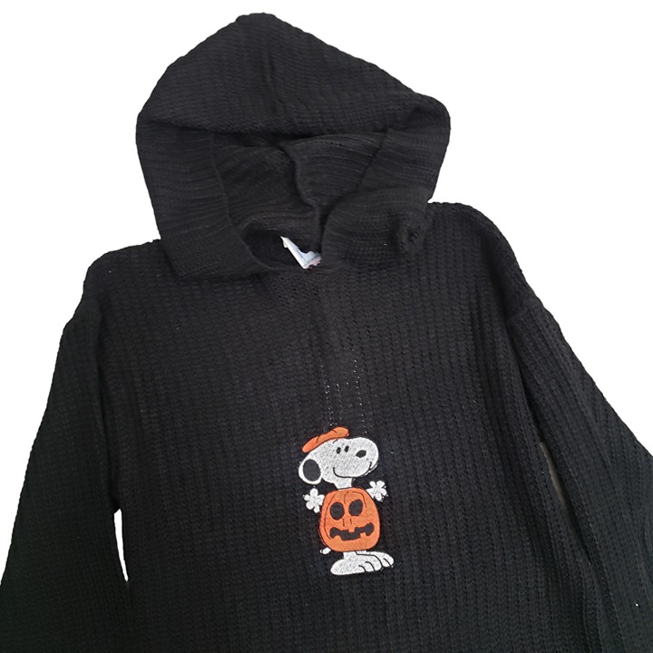 Halloween Pumpkin Snoopy Embroidered Knit Hoodie Distressed Sweater Dress Black