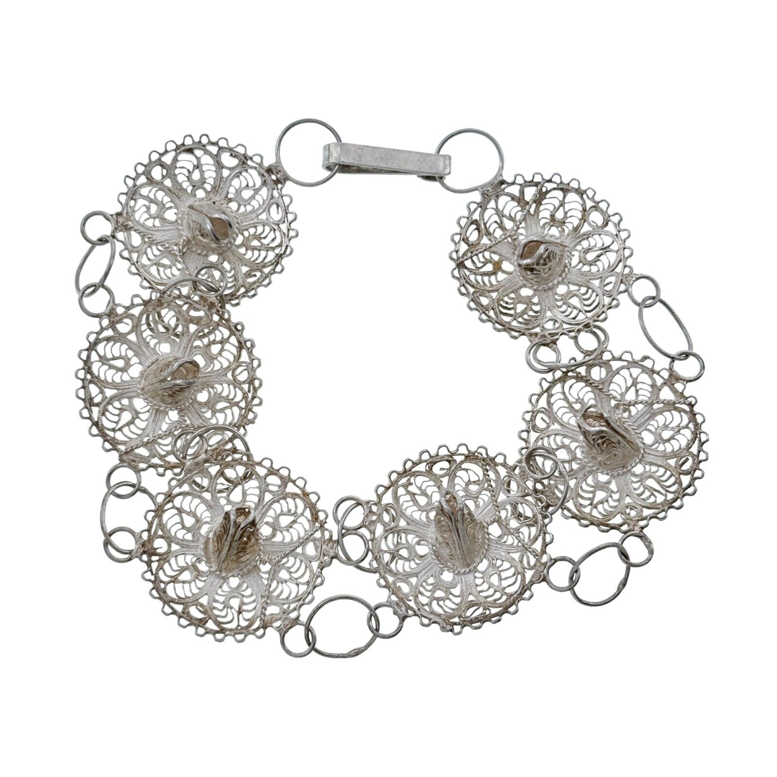 Vintage Sterling Silver 925 Filigree Sombrero Link Bracelet 7.75