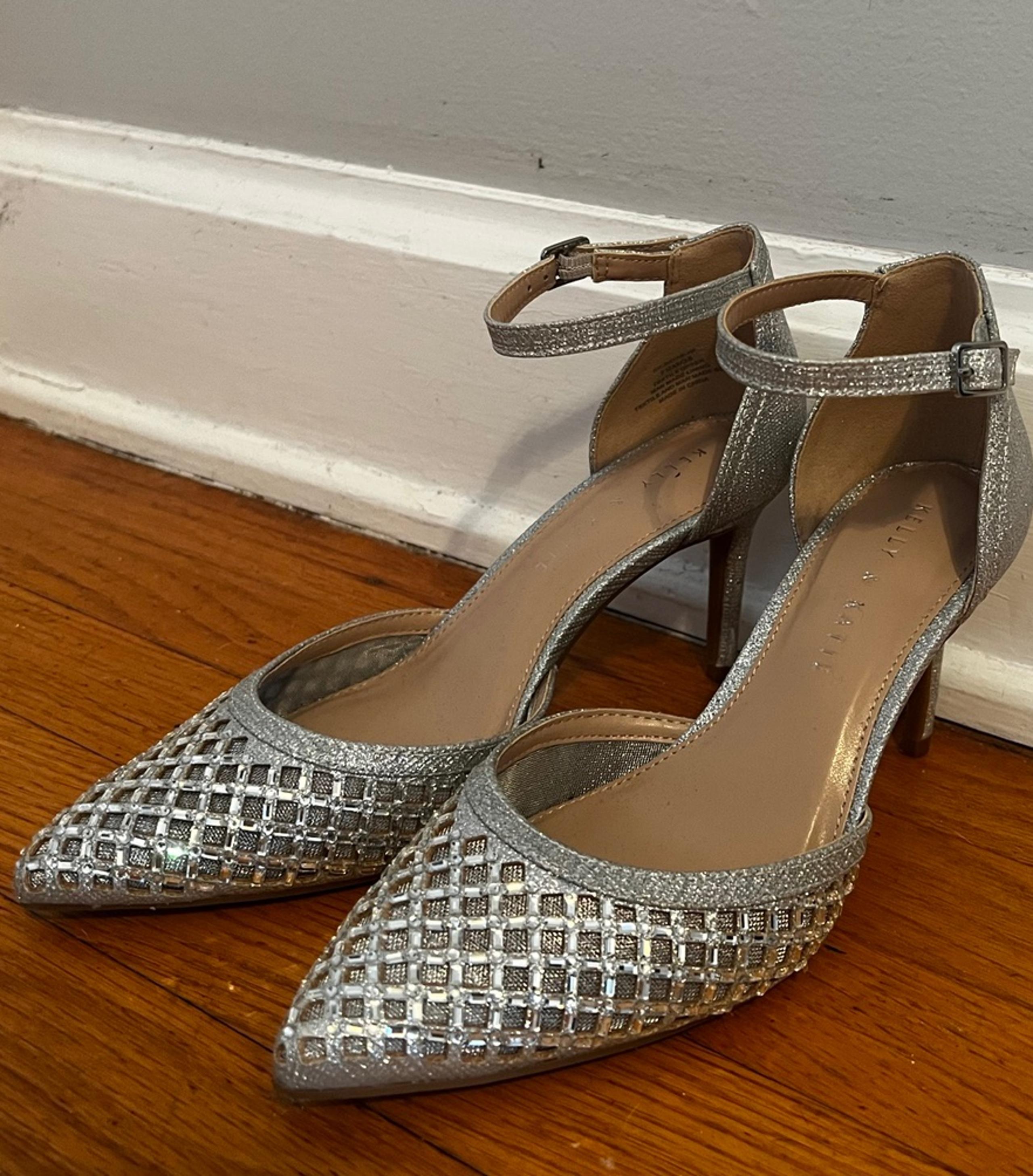 Sparkly silver pointed toe heels