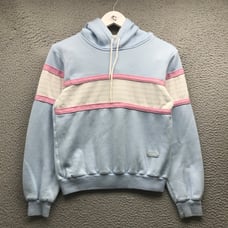 Vintage 80s Wilson Sweatshirt Hoodie Womens S Long Sleeve Striped Logo Blue Pink