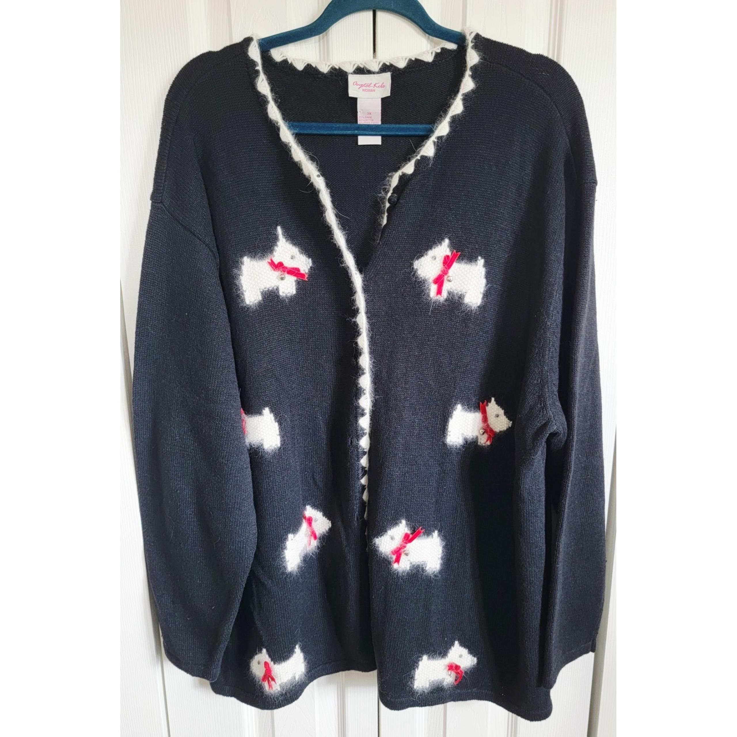 Crystal Kobe 3X Black Scottie Dog Sweater Cardigan Vtg Bells Angora Accents 3X