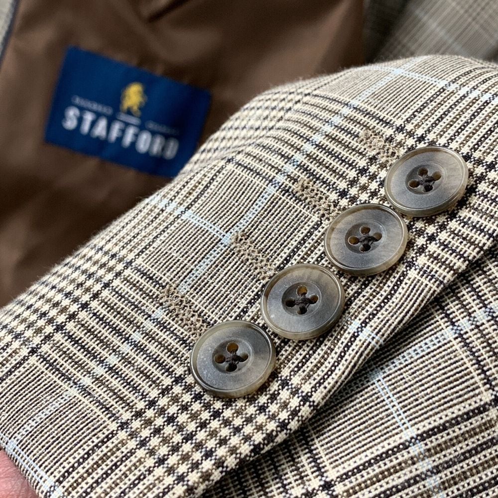 Stafford Blazer Jacket Mens 44L Linen Prince Of Whales Check Wool Sport Coat