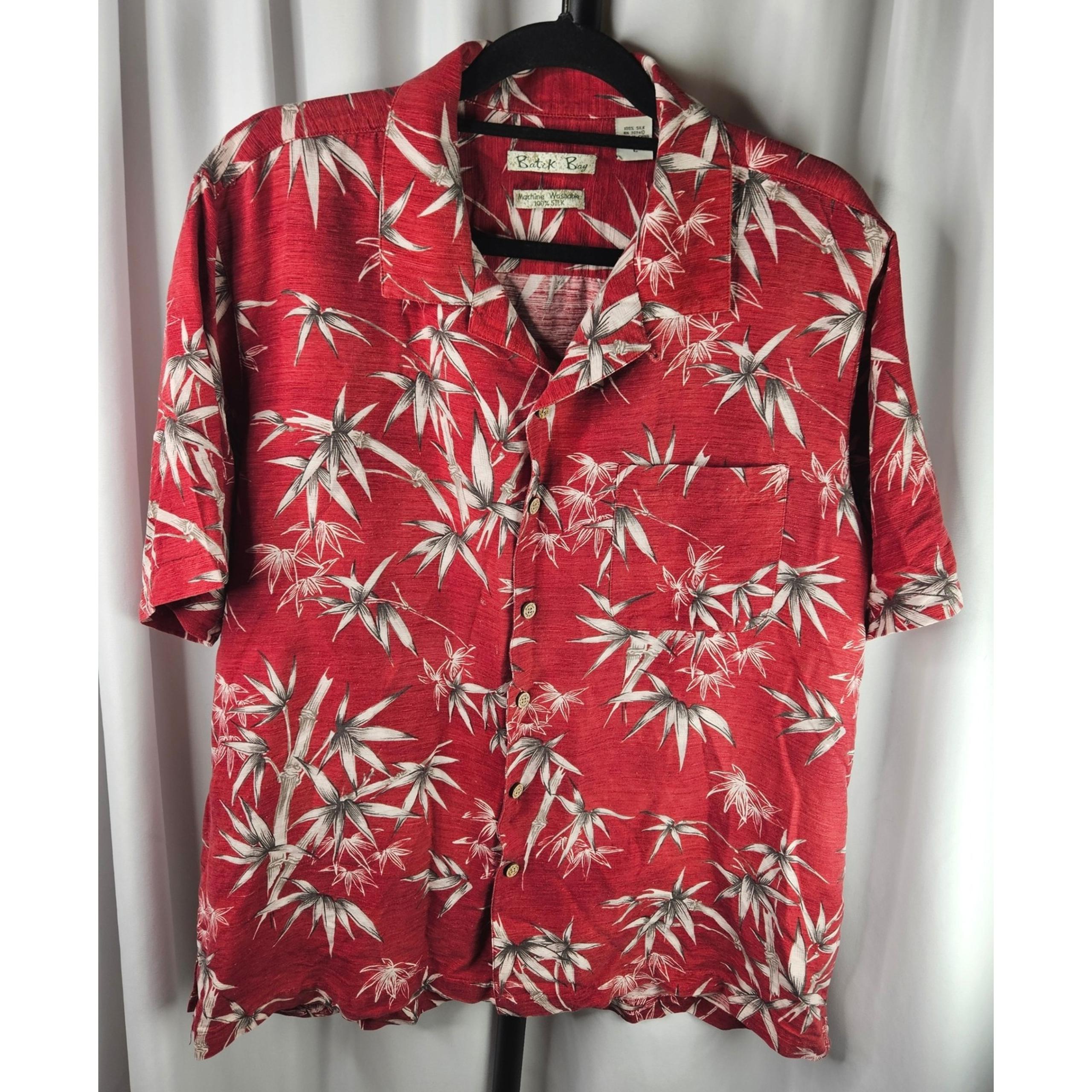 Men's Batik Bay Silk Hawaiian Shirt Bamboo Print Button Up Tropical Red Size L