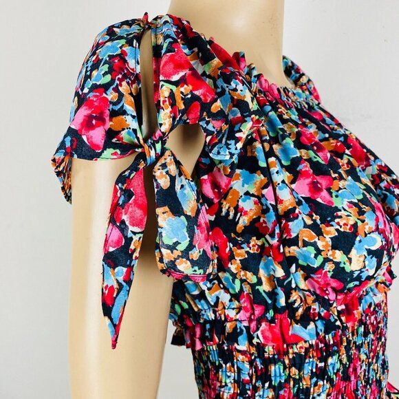Zara Vibrant Colored Floral Print Smocked Bohemian Hippie Women's S Summer Top