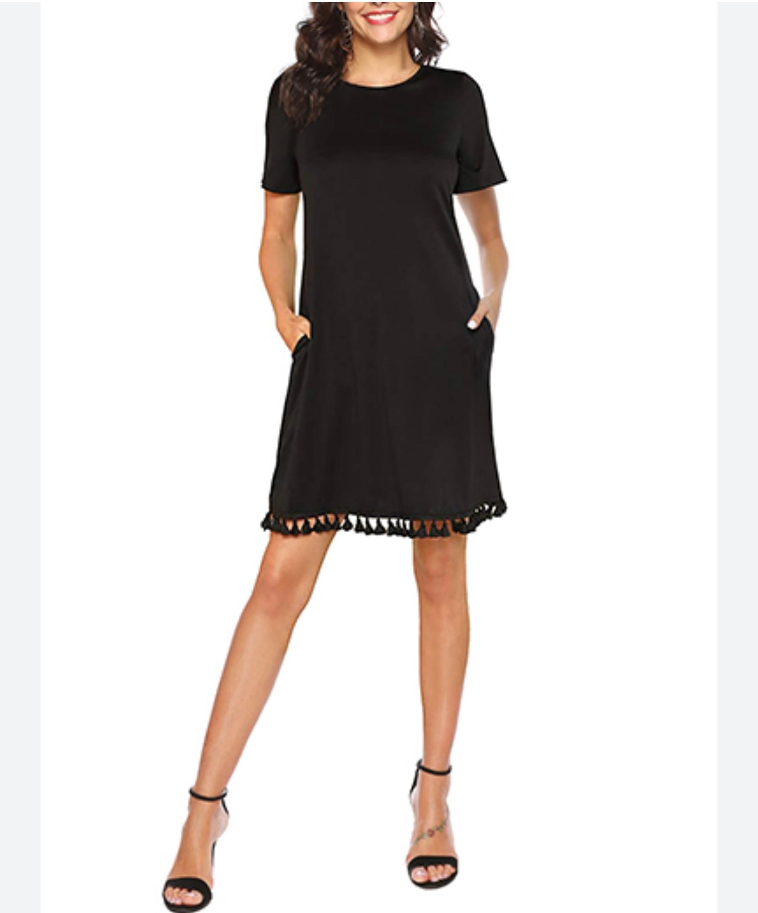 Shein Large black womens tee shirt dress tassle fringe pockets cover up