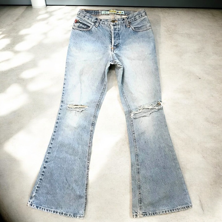 Vintage Y2K MUDD Jeans 90's Bell Bottom Low-Rise Size 9 Distressed Light Wash