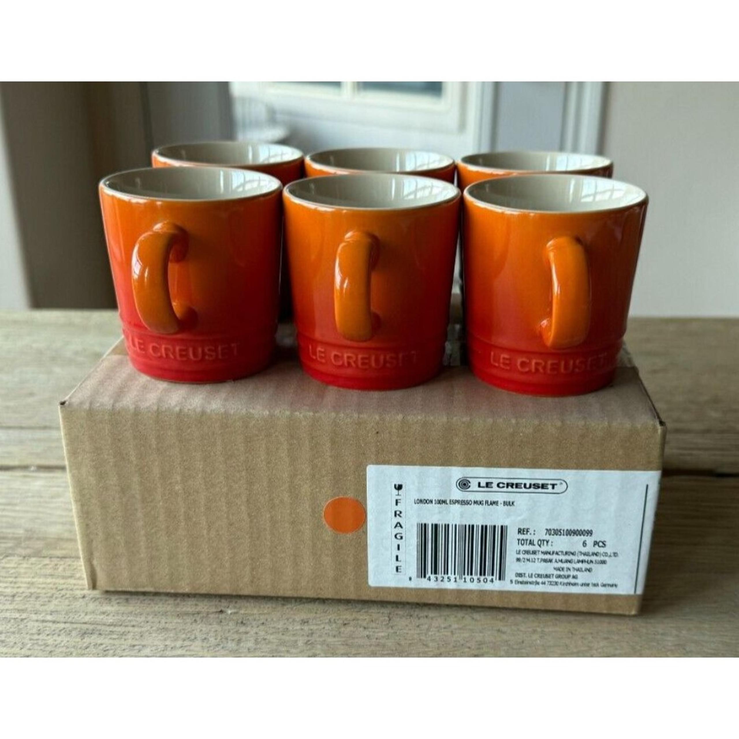 Le Creuset Stoneware Set of 6, 3 oz London Espresso Mugs Flame Orange NEW