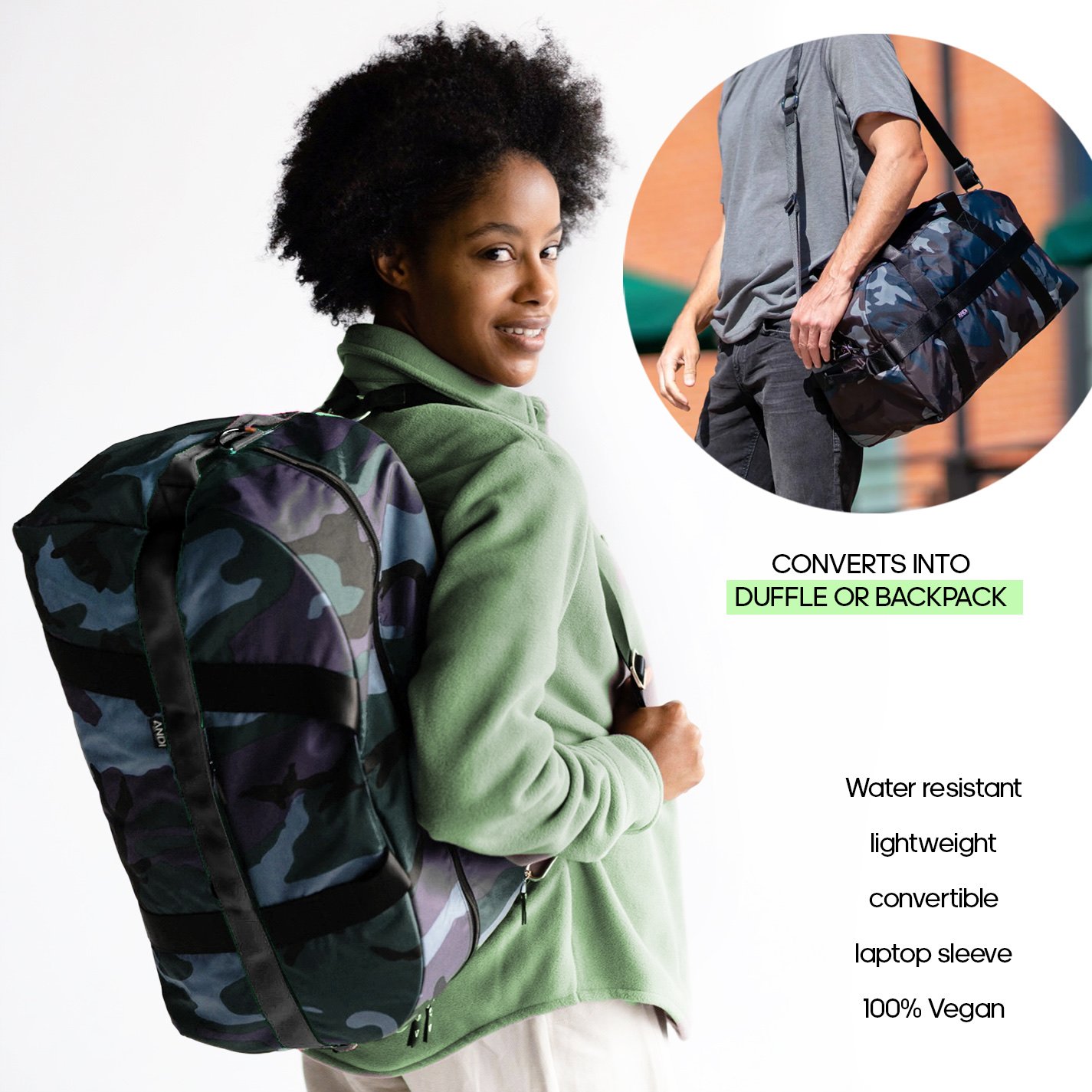 The Andi NY Duffle Backpack convertible bag water resistant