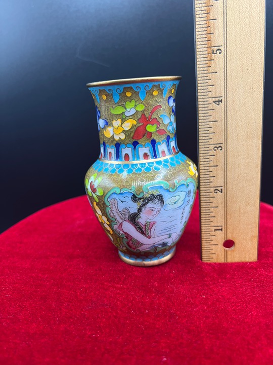 Old Asian Rare Cloisonne Vase with Garden Scenery