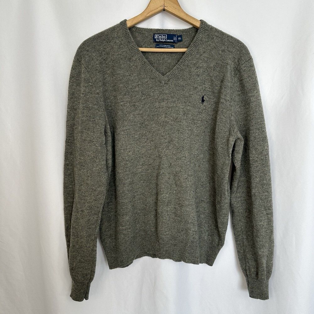 Polo Ralph Lauren Sweater Mens XL 100% Lambswool V Neck Green Classic Logo