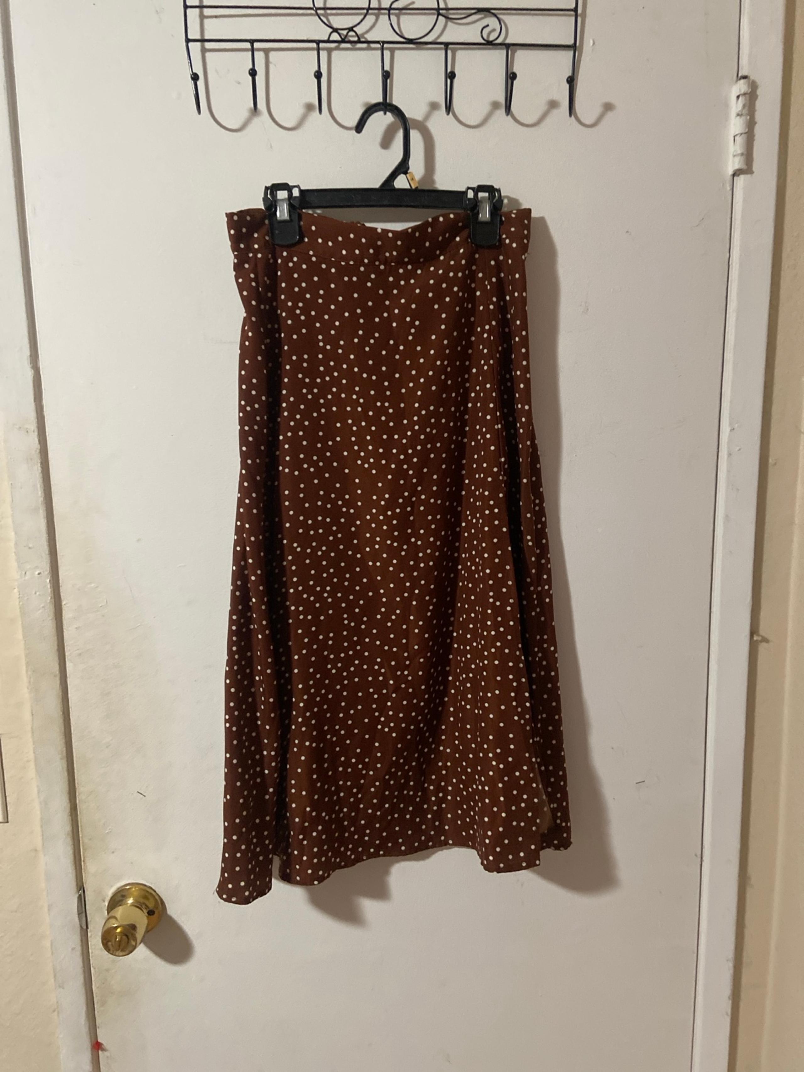 brown and white polka dot midi skirt