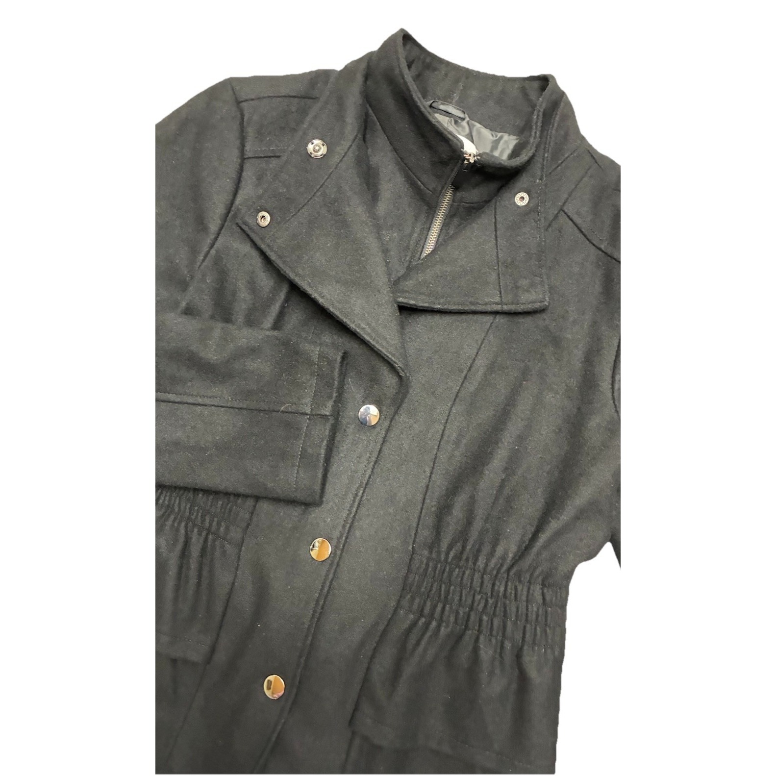 NY & Company Peacoat Women's L Black Wool Blend Peplum Ruffle Zip Snap Jacket