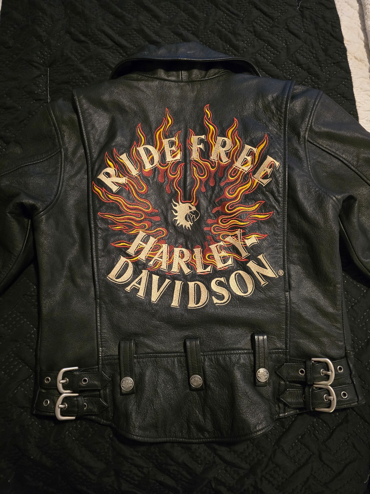 Harley Davidson Embroidered Flames & Ride Free Leather Jacket size XS W