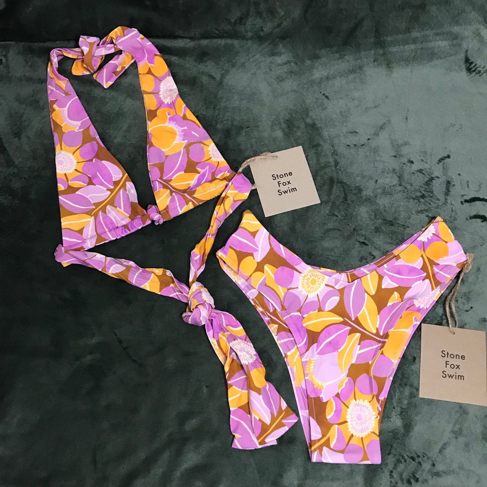 Stone Fox Swim Swimsuit Retro Bloom Print Rico Bikini Top & Nola Bottom Size XS