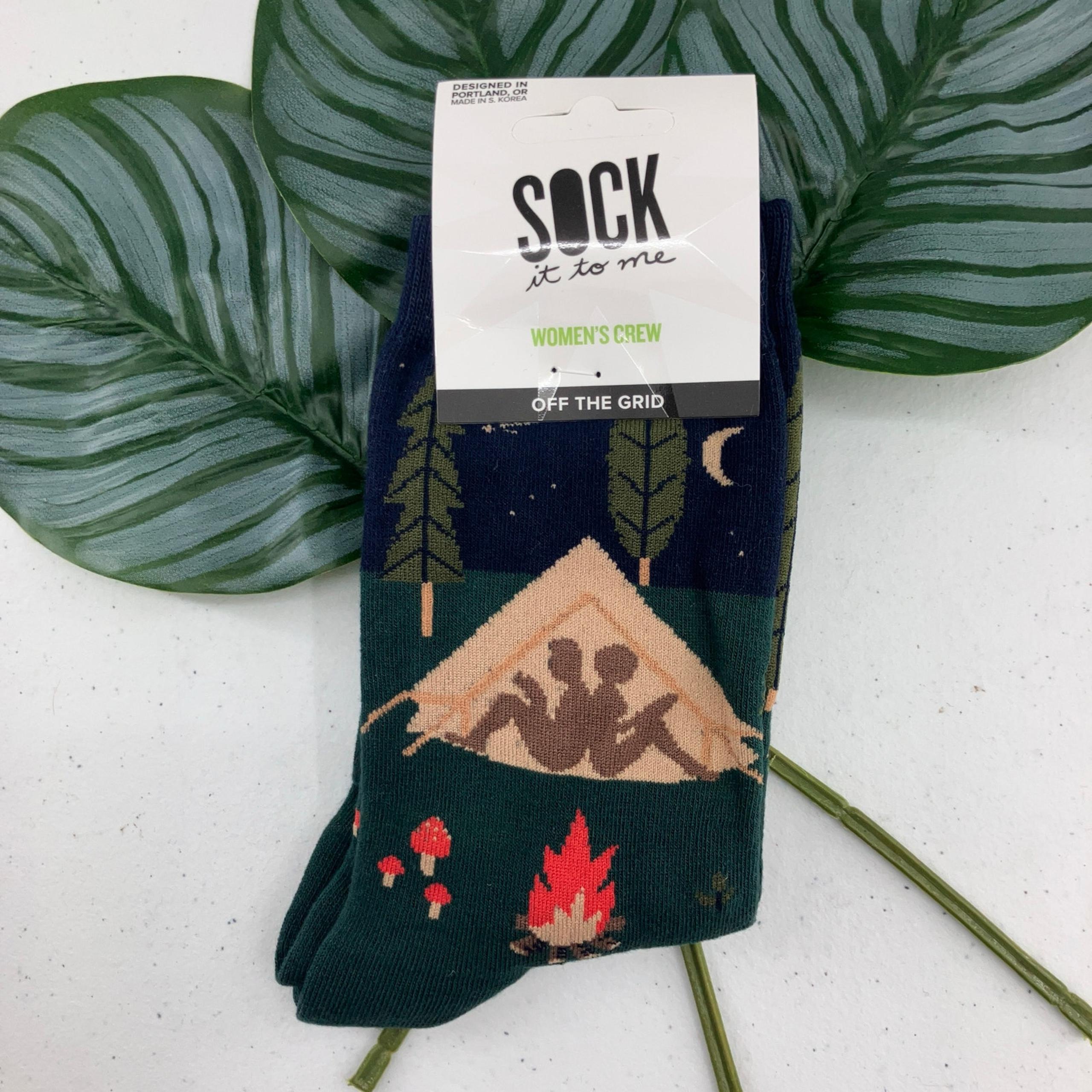 Sock It To Me Green Off The Grid Camping Fire Outdoors Tent Novelty Crew Socks