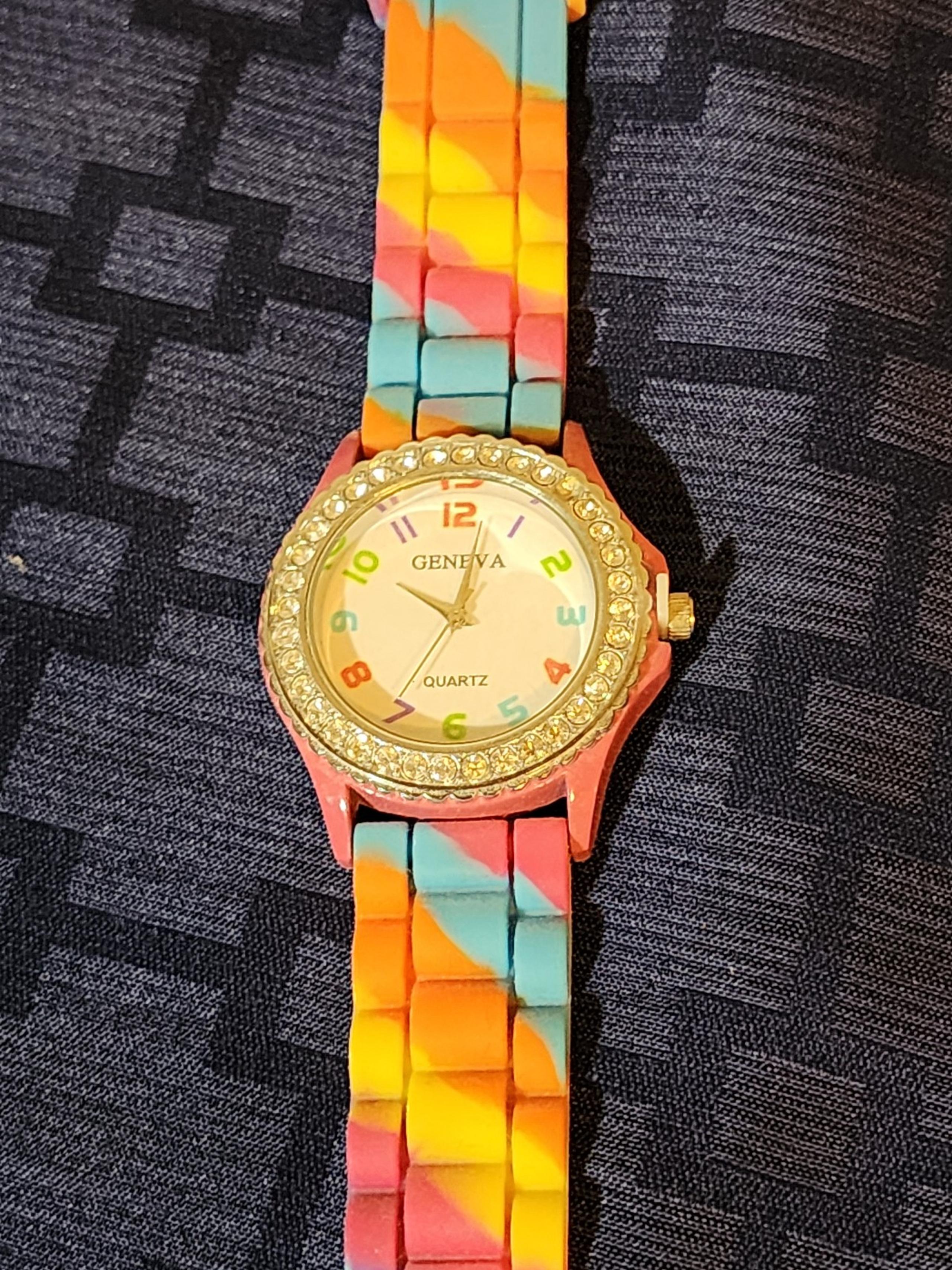 Women's Geneva Quartz Analog Watch w/ Rhinestones & Rainbow Silicone Band