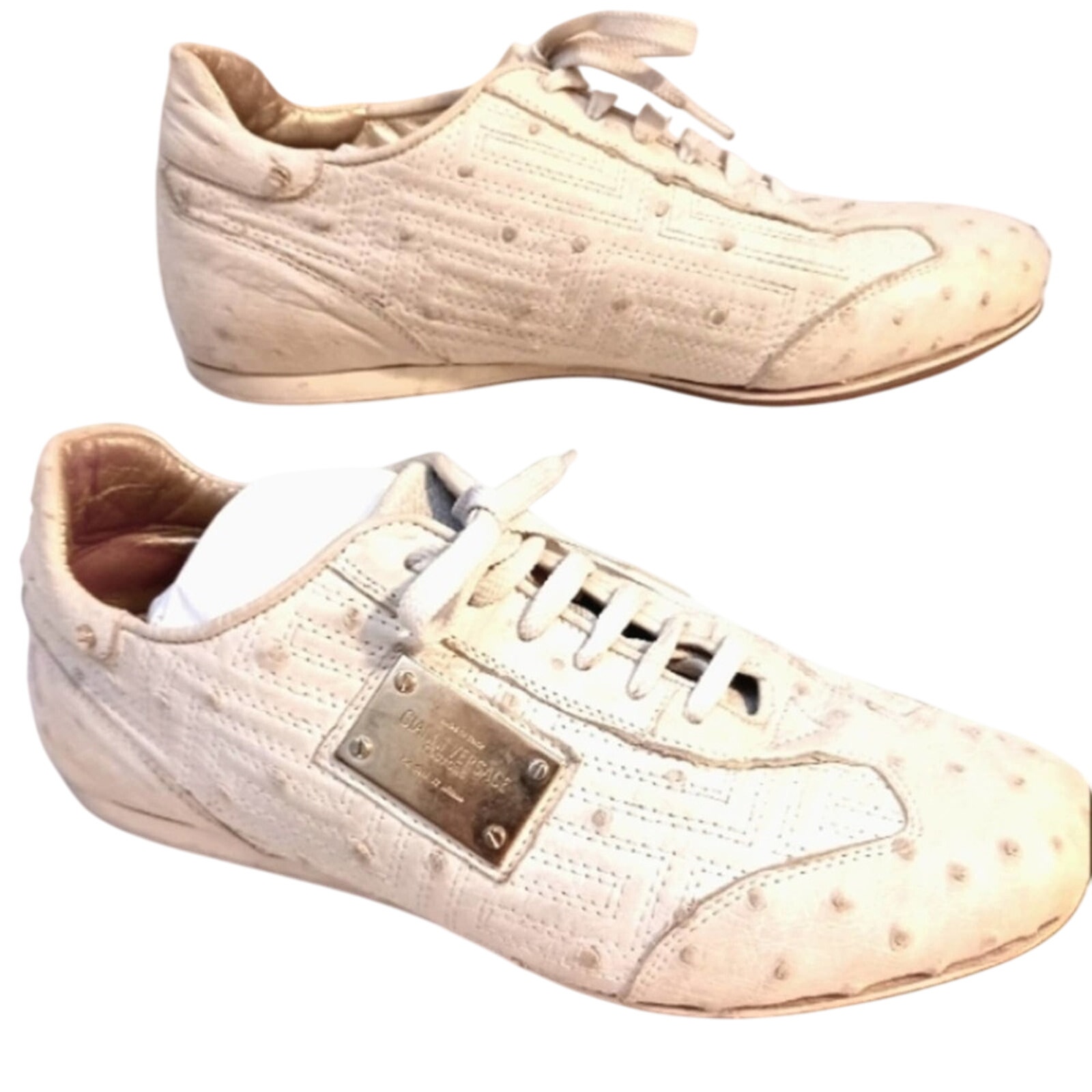 RARE Versace OSTRICH LEATHER Sneakers Women Sz 6.5 White Designer Trainers Laced