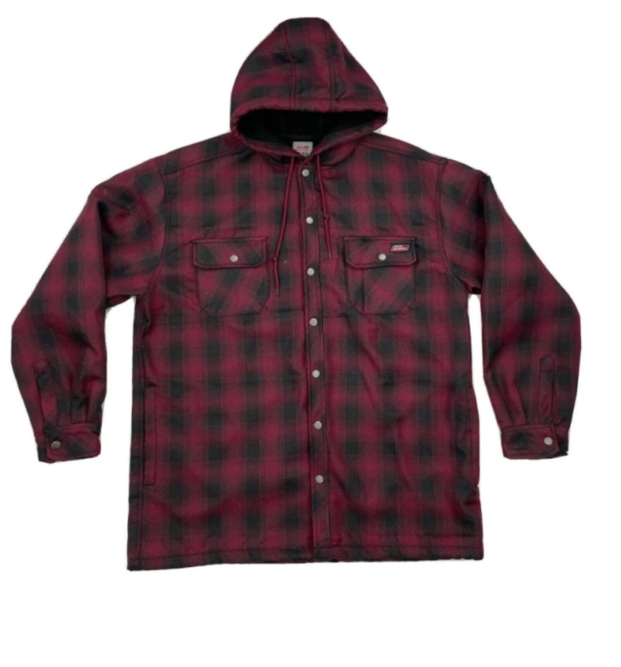 Dickies Men's Medium Red/black Plaid Button Up Hooded Jacket Fleece