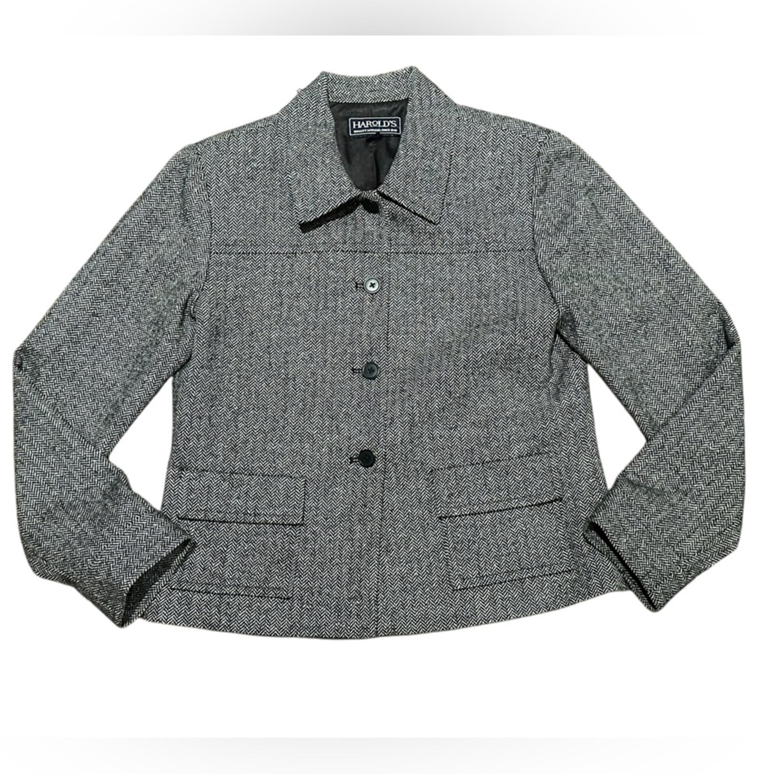 Vintage Harold’s Black and White Herringbone Wool Blend Short Jacket Women’s 8