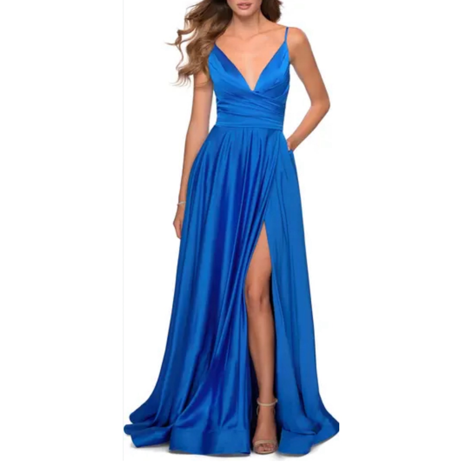 NWOT La Femme Strappy Back Satin Ballgown in Royal Blue. Size 8.
