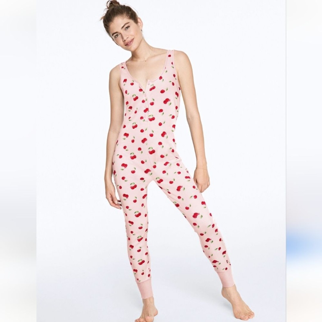 Pink Victoria's Secret Cherry Print One Piece Jumpsuit Sleepwear Xlarge