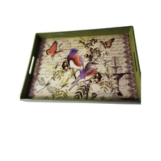 NOTIONS Green Birds & Butterflies Wooden Large Serving Tray with Handles