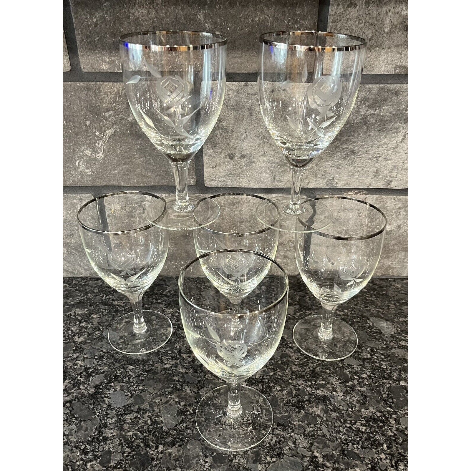 6 Vintage Etched Rose Hand Blown Glass Water Goblets Platinum Trim Elegant