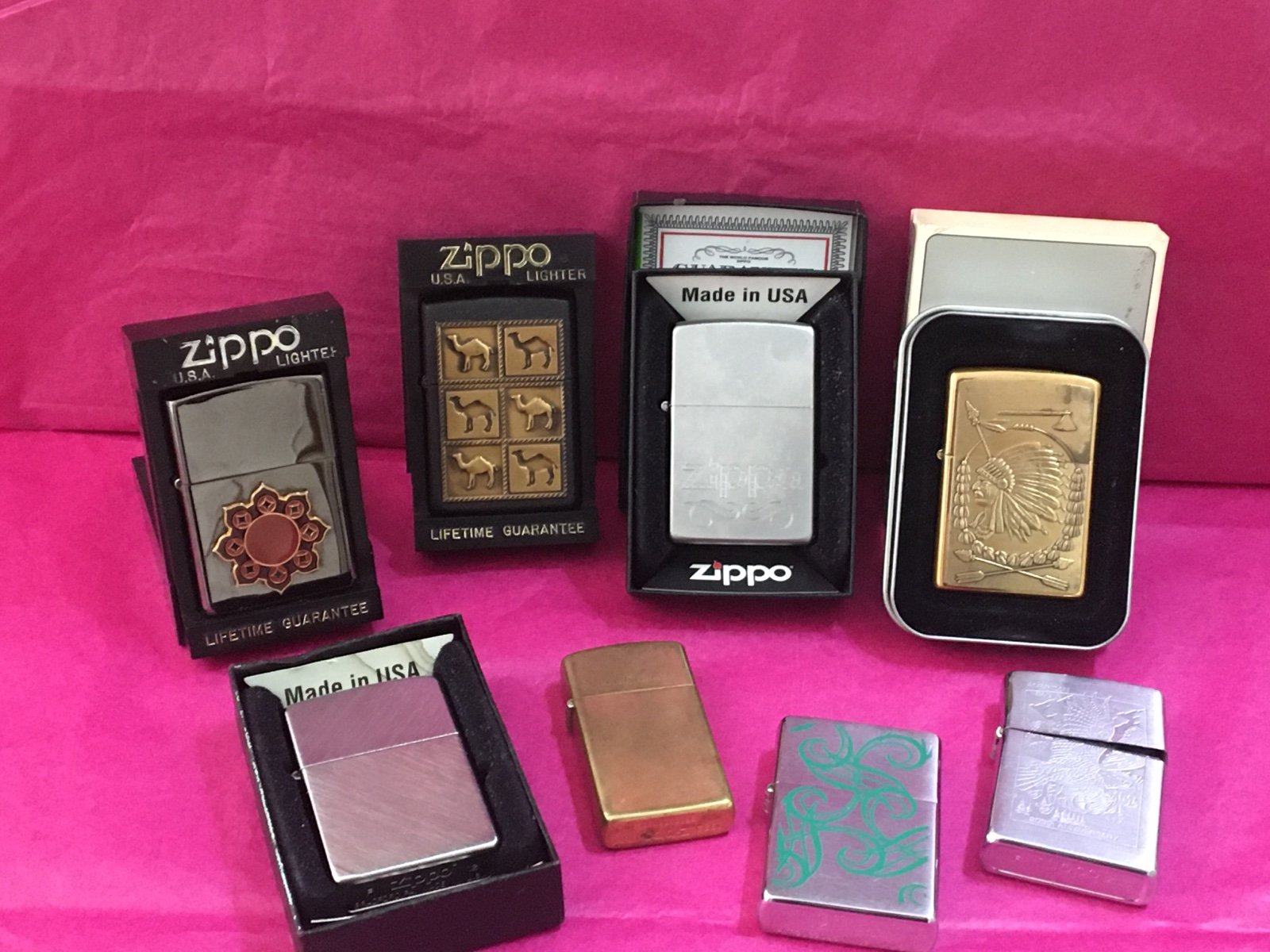 Bundle lot of 12 New & Used zippo lighters brass & chrome