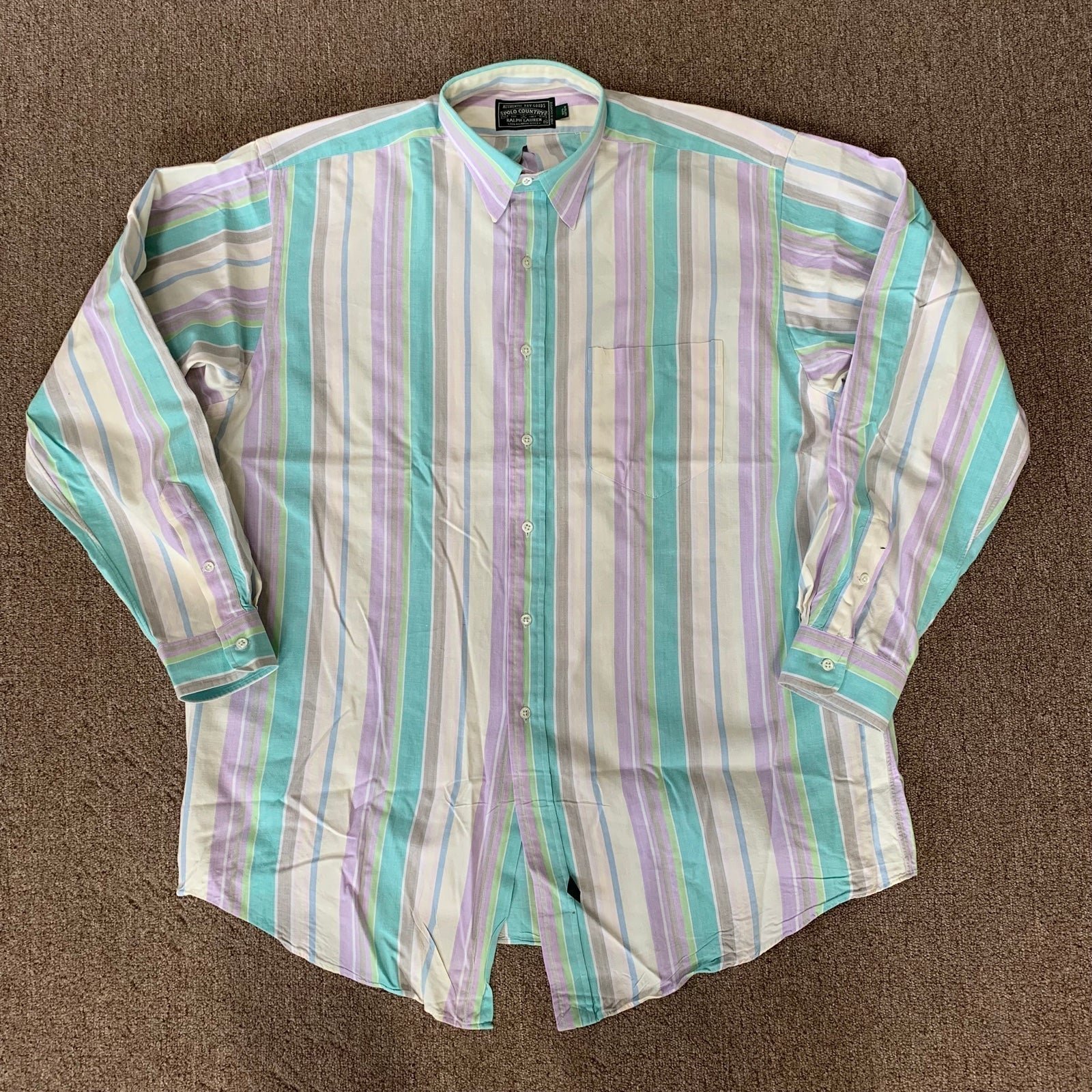 Vintage Oversized XL Men Polo Country Ralph Lauren Pastel Striped Shirt Cotton