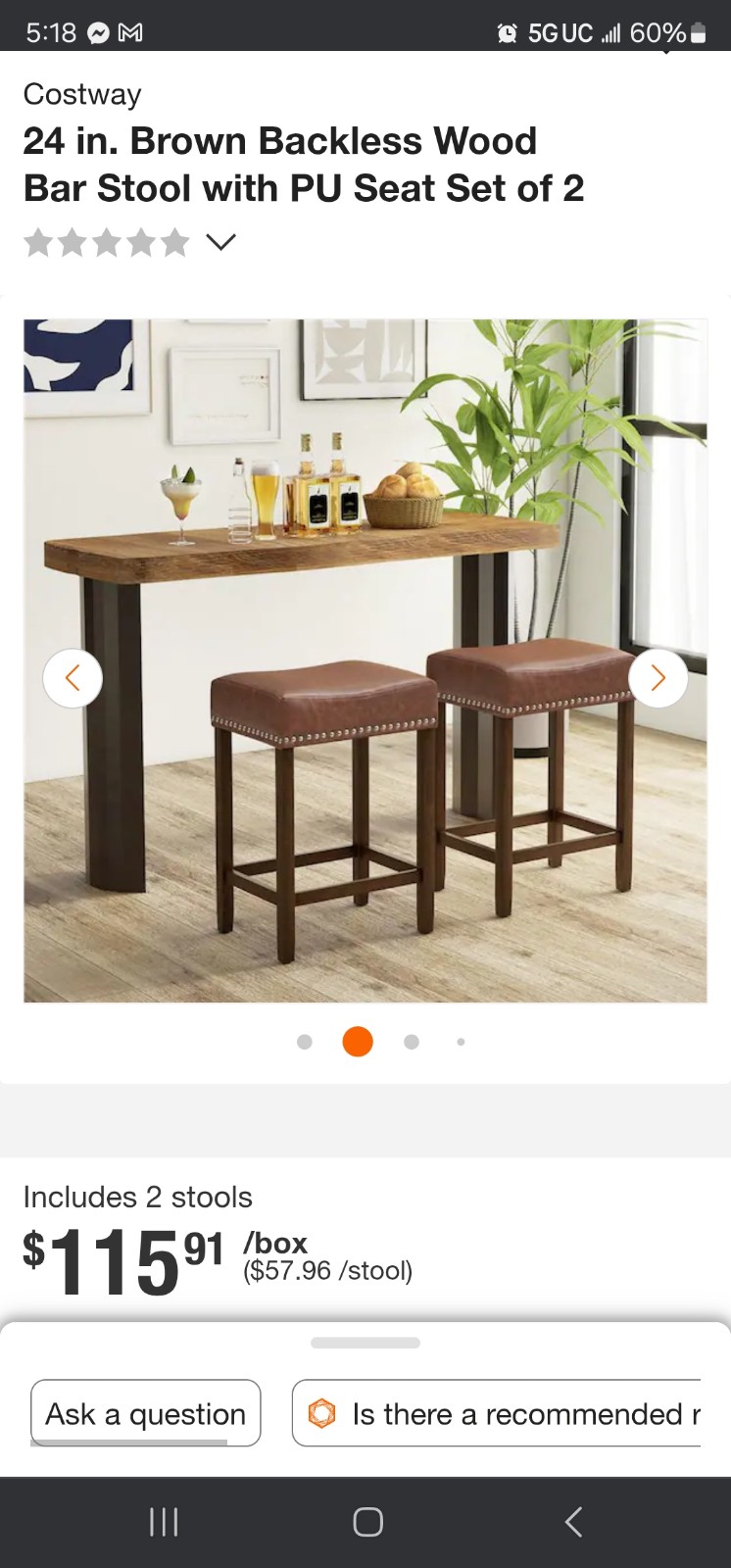 24 in. Brown Backless Wood Bar Stool with PU Seat Set of 2