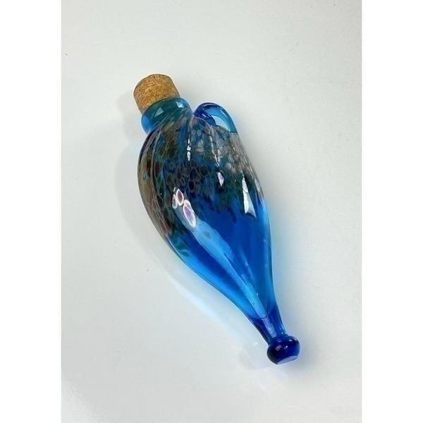 Vtg Hand Blown Iridescent Twisted Corked Bottle Vase 8.5 H Blue Signed Bush 91